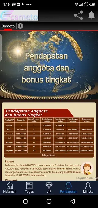 Screenshot of Cameto Earning App