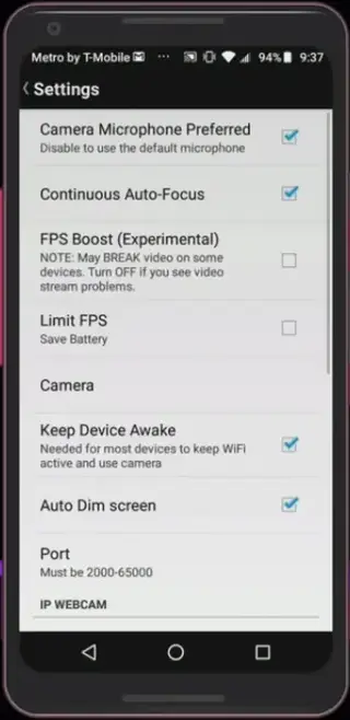Screenshot of DroidCam Pro