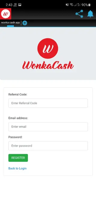 Screenshot of Wonka Cash App