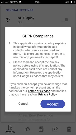 Screenshot of NU Display App