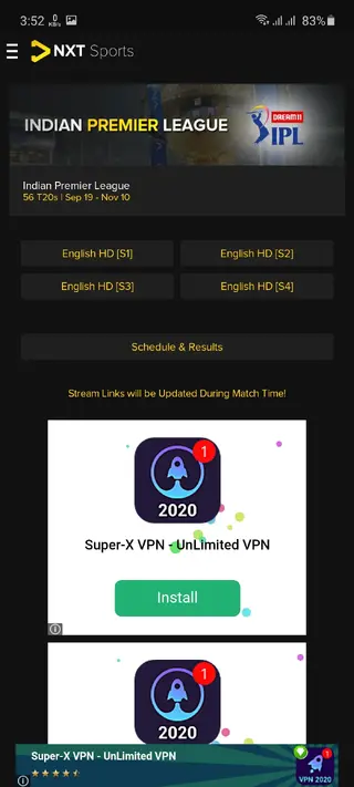 Screenshot of NXT Sports IPL 2020