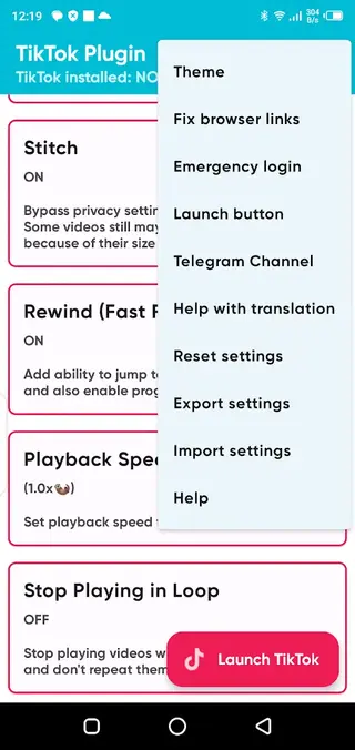 Screenshot of TikTok Plugin App