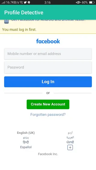 Screenshot of FB Detective App