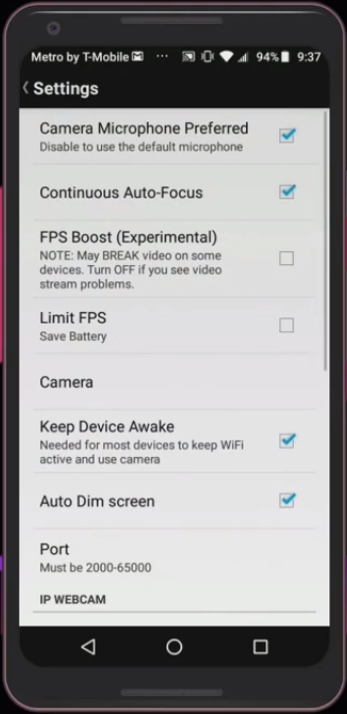 Screenshot of DroidCam Pro