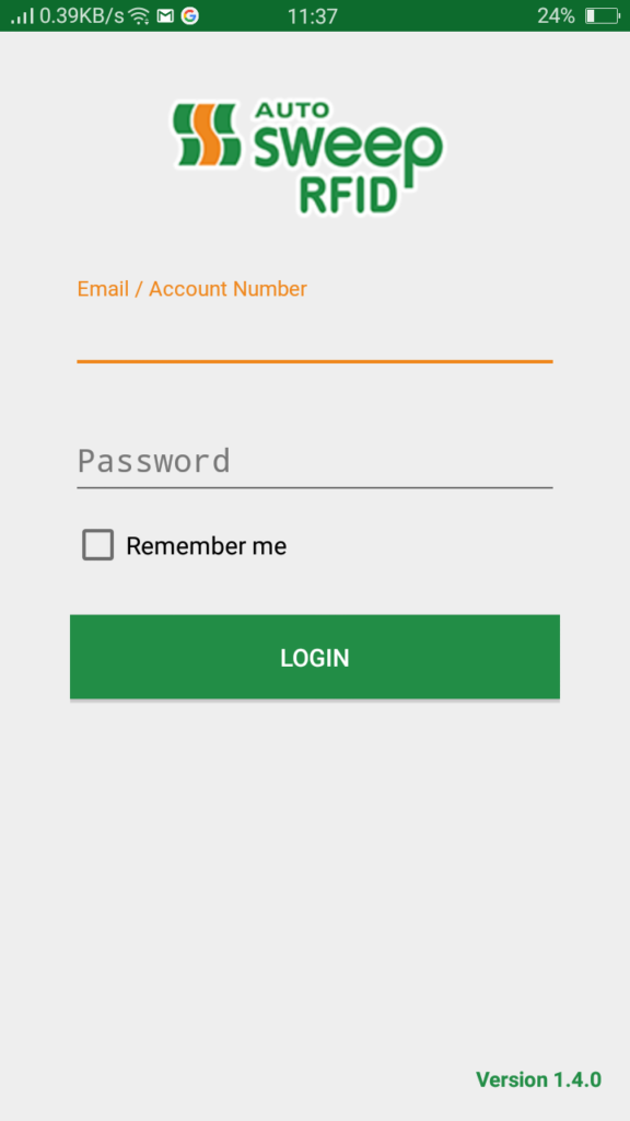 Screenshot of Autosweep RFID App