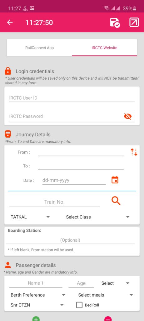 Screenshot of SuperTatkal Pro App
